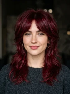 Glossy cherry red wolf cut with dramatic layered movement