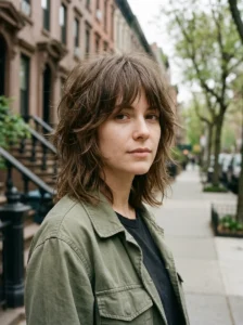 Wispy textured curtain bangs paired with a choppy wolf cut