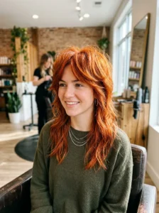 Vivid copper red wolf cut with layered volume and textured ends