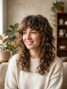 Fluffy wolf cut with natural waves and diffused volume.