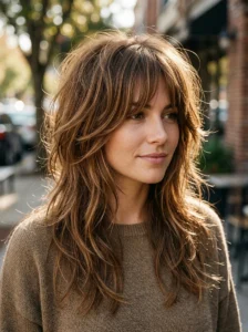 Caramel brown wolf cut with warm golden dimension