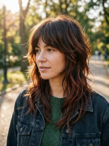 Brown wolf cut with subtle red and auburn undertone dimension
