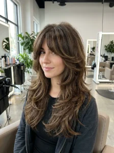 Butterfly wolf cut with full curtain bangs and long layered hair