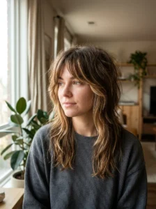 Wolf cut with bright face-framing highlights around the curtain layers