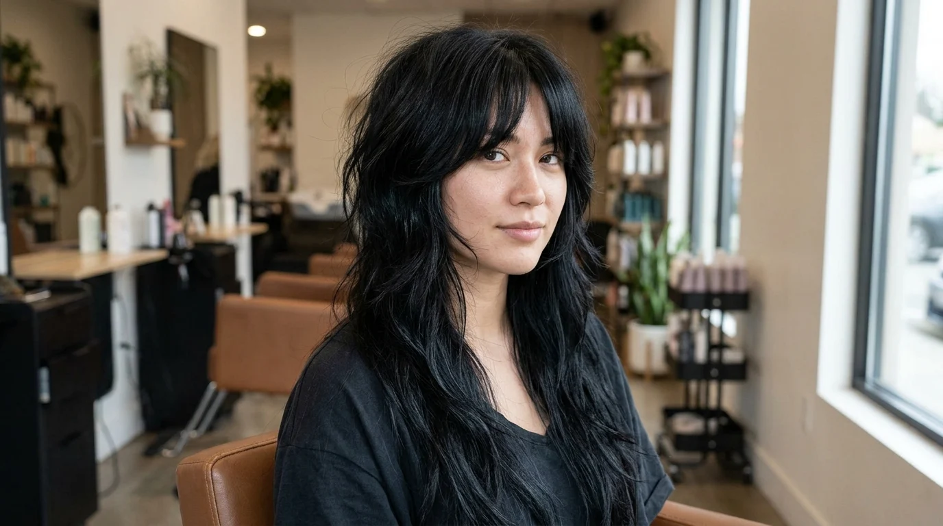 Long black wolf cut with choppy layers, glossy hair, and curtain bangs