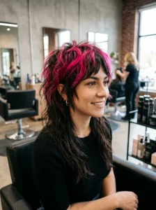 Dark wolf cut with vivid hot pink highlights concentrated at the crown