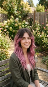 Long wolf cut with natural brunette roots fading into pink ombre ends