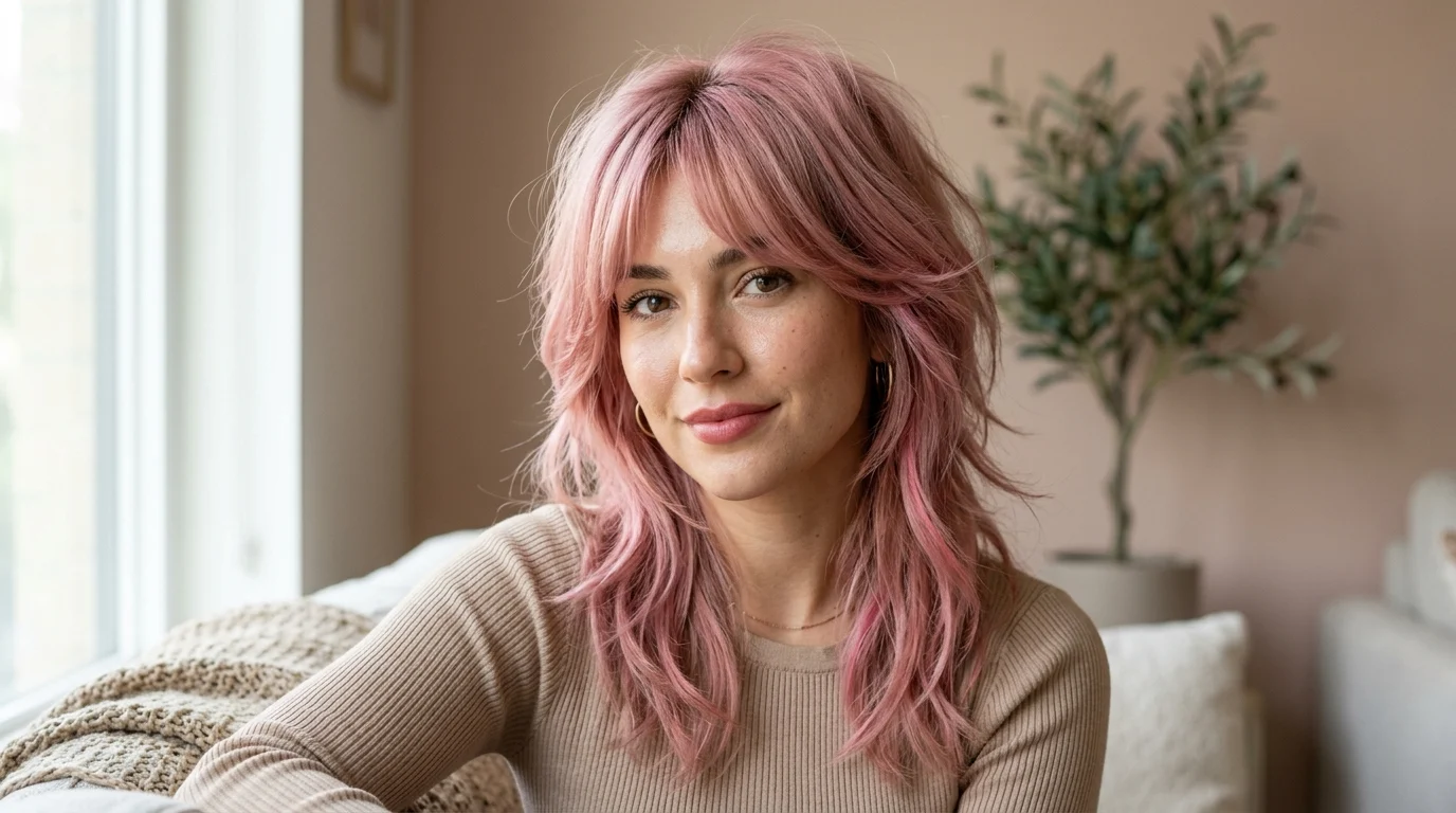 Woman with a dimensional pink wolf cut featuring layered texture and face-framing pink pieces