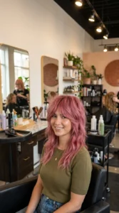 Woman with a full rose pink wolf cut and heavily textured layers