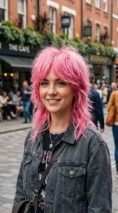 Woman with a vivid bubblegum pink wolf cut and dramatic textured layers