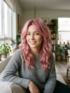 Loose waves enhancing dimensional pink color in a wolf cut