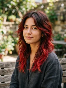 Ombre red wolf cut with dark roots and vivid red ends
