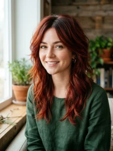 Red wolf cut with blended dark roots and vibrant red lengths
