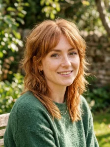 Natural-looking ginger red wolf cut with warm layered texture