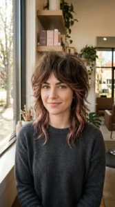 Brunette wolf cut with subtle rose gold pieces woven through the layers