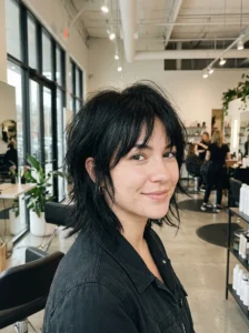 Short black wolf cut with choppy layers and crown volume