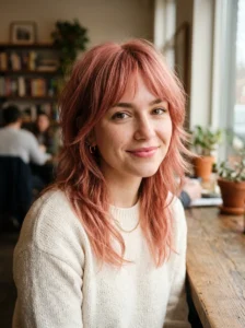 Soft strawberry red wolf cut with delicate layered texture