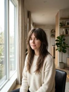 Long face-grazing curtain bangs with a layered wolf cut