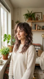 Dusty mauve balayage blended through a textured wolf cut