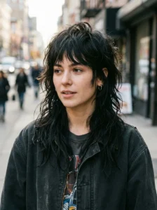 Wavy black wolf cut with flowing waves and voluminous layers