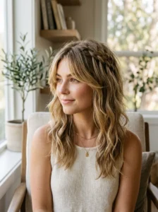 Romantic waterfall braid flowing through layered wolf cut hair.