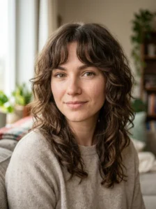 Wavy wolf cut with natural curtain bangs and face-framing layers