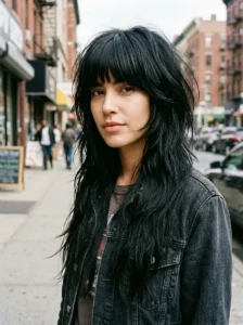 Black wolf cut with full blunt bangs and textured long layers