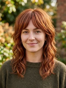 Auburn wolf cut with subtle copper and golden highlights