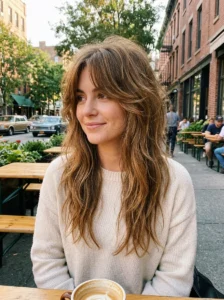 Soft toffee brown wolf cut with golden undertones
