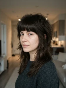 Full blunt bangs with a dramatic layered wolf cut