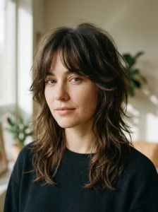 Face-framing bangs on a wolf cut designed to complement facial proportions