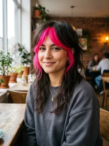 Dark wolf cut with bold neon pink face-framing pieces