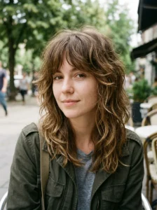 Medium brown wolf cut with soft honey highlights