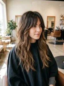 Brown wolf cut with a dark root melt into lighter brown lengths