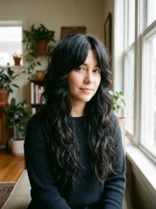 Black wolf cut with full blunt bangs and textured long layers