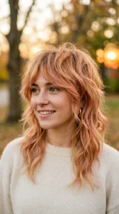 Wolf cut with peachy pink tones blended with warm dimensional highlights