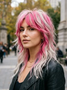 Two-tone pink and platinum blonde wolf cut with dramatic layered texture