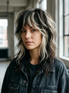 Dark wolf cut with high-contrast platinum highlights