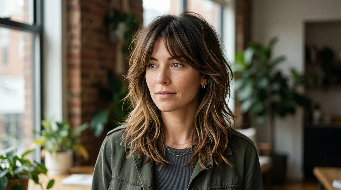 Balayage wolf cut with soft caramel highlights and dimensional layered texture