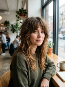 Medium brown wolf cut with warm caramel balayage