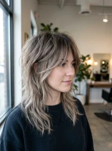 Ash brown wolf cut with cool-toned balayage