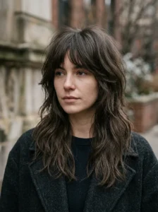 Deep smoky brunette wolf cut with cool-toned layers