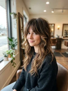 Brown wolf cut with caramel balayage pieces and dimensional layers