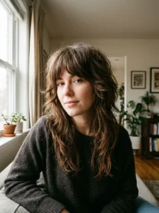Full arched bangs with a layered medium wolf cut