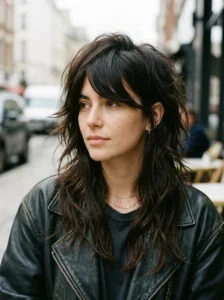 Deep side-swept bangs with an asymmetrical wolf cut