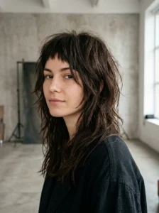 Baby bangs paired with a long textured wolf cut