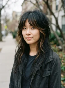 Black wolf cut with subtle caramel face-framing highlights