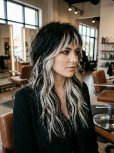 Black and platinum wolf cut with bold contrasting color panels