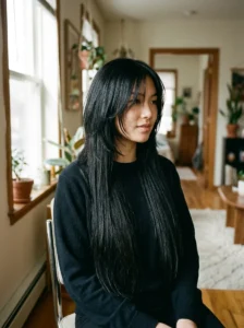 Choppy black wolf cut with shaggy layers and tousled texture