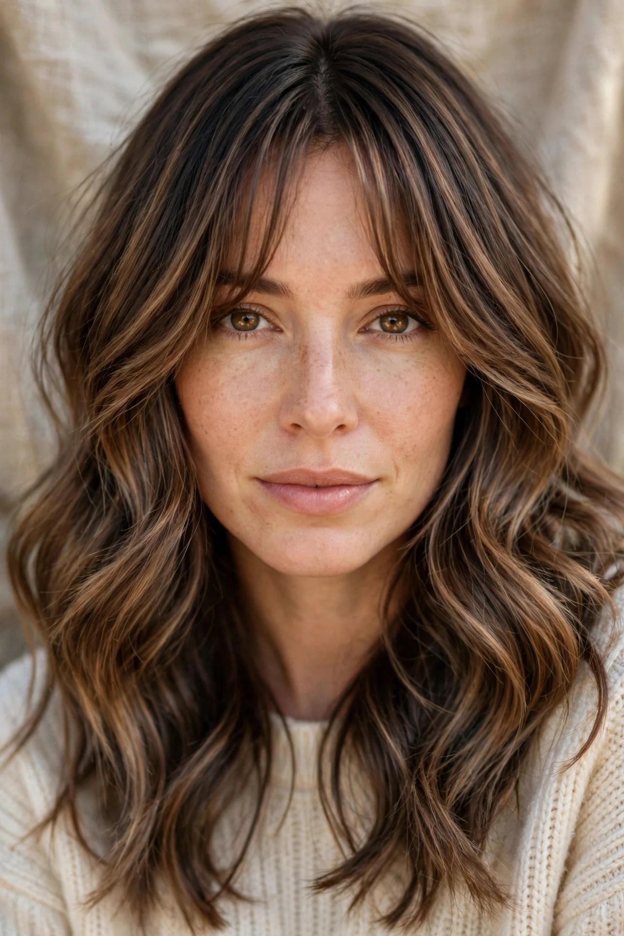 Mocha Balayage With Curtain Bangs hair